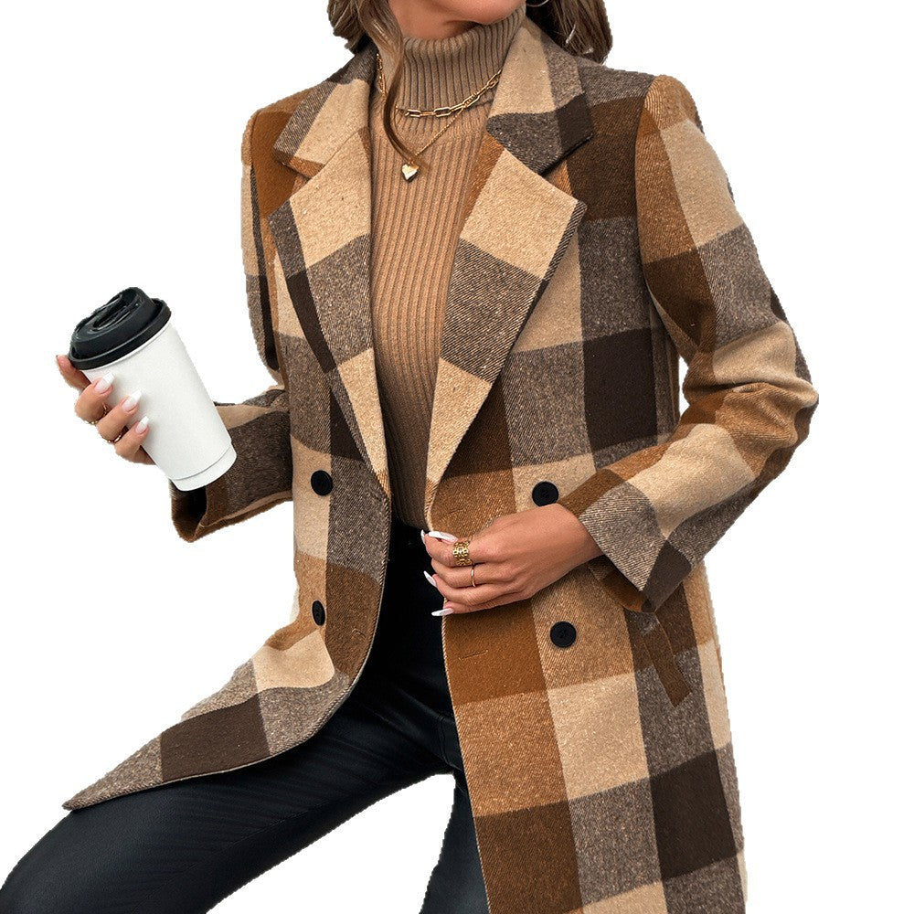 Casual And Versatile Button Women's Plaid Wool Coat