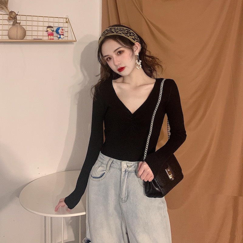 Pleated V-neck Knitted Bottoming Shirt Long Sleeve Sweater