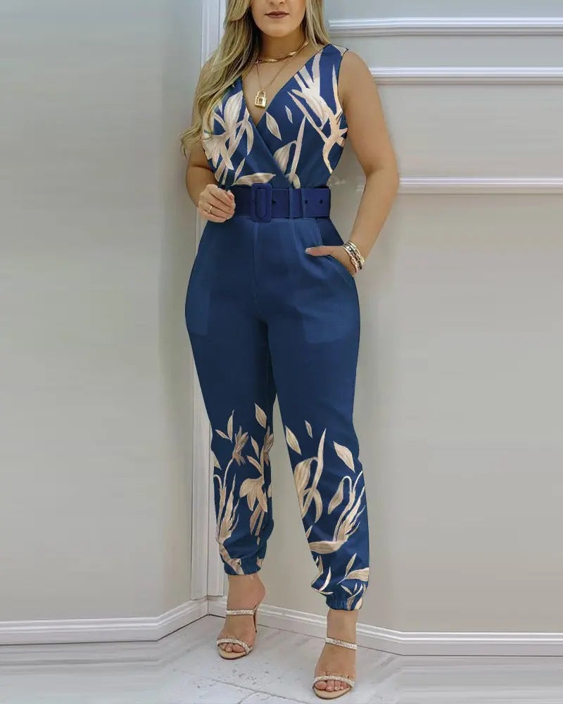 Jumpsuit til kvinder med V-udskæring, bar ryg og printet høj talje