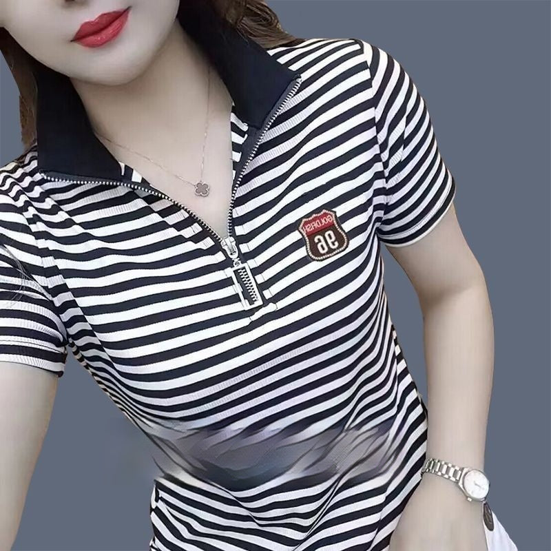 Letter Embroidery Stand-up Collar Short-sleeved T-shirt Shoulder
