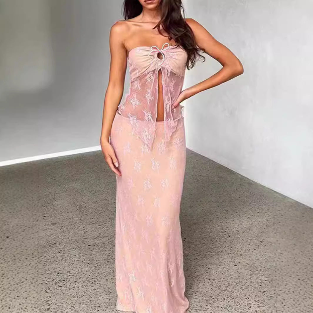 Womens Sexy Hollowed-Out Lace Top And Long Skirt Set