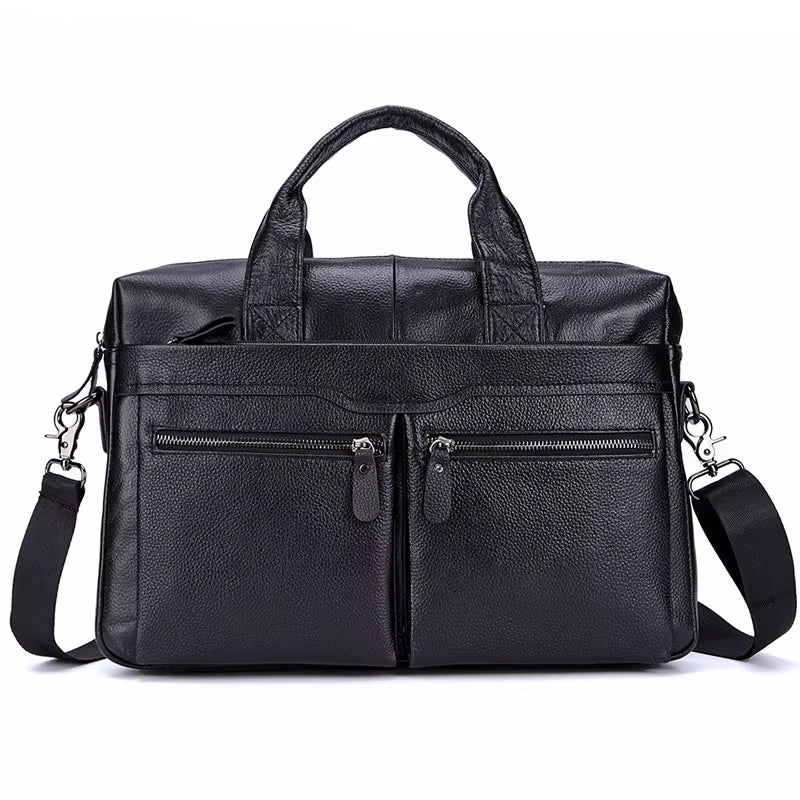 Genuine Leather Black Messenger Bag for Men - Large 14" Laptop Briefcase and Travel Shoulder Bag