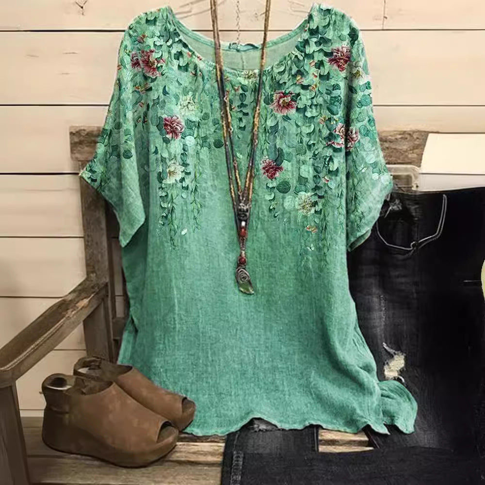New Casual Loose Printed Crew Neck Top