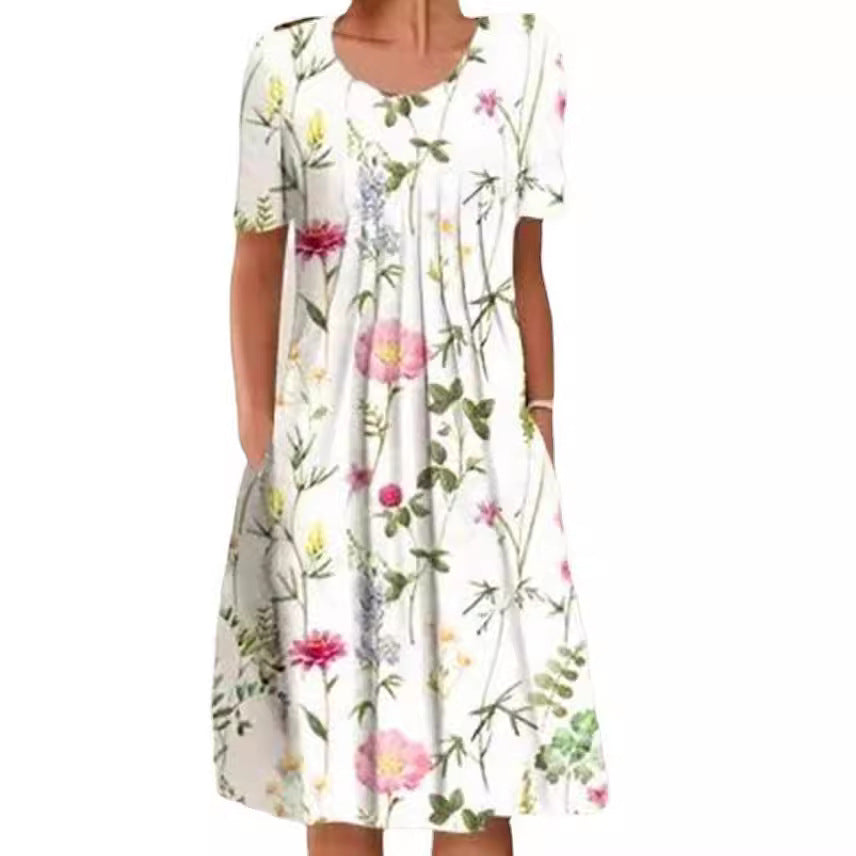 Spring And Summer Women's Elegant Large Swing Round Neck Printed Short Sleeve Dress