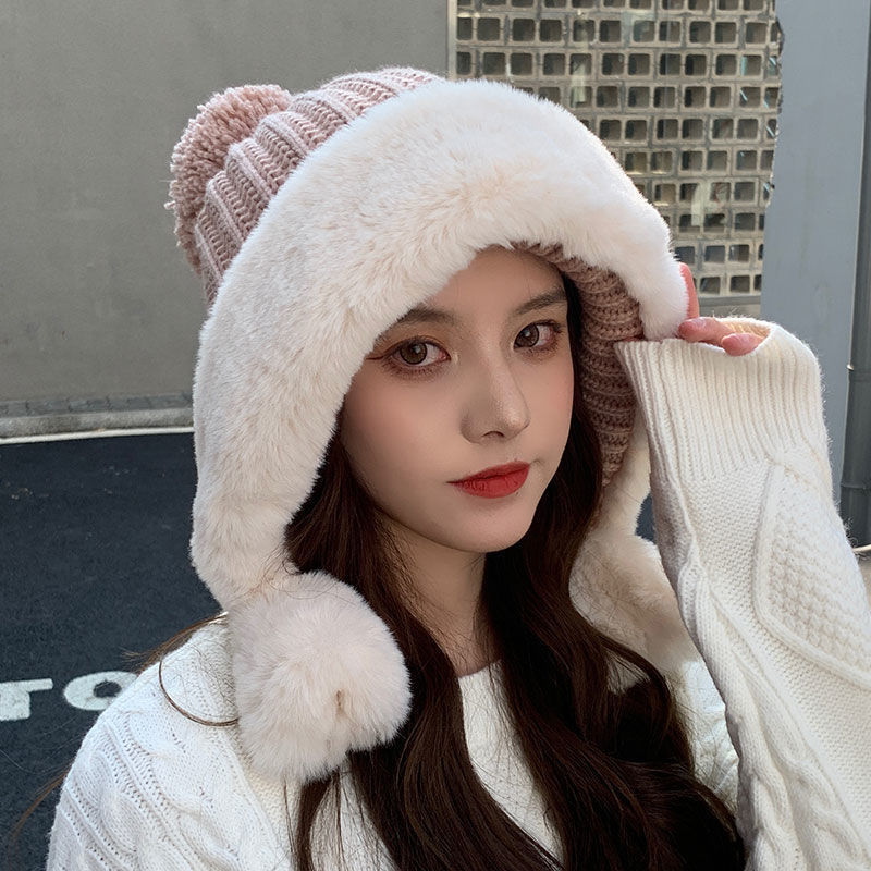 Rabbit Fur Knitted Hat Large Head Fleece Warm