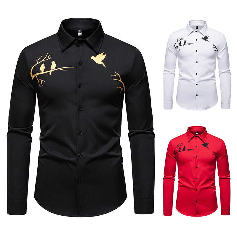 Men's Printed Casual Slim-fit Long-sleeved Shirt