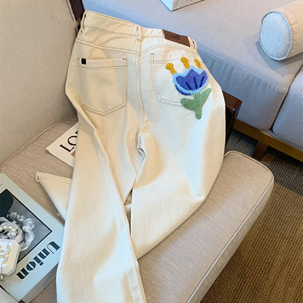 Women's Vintage Flocked White High Waist Jeans