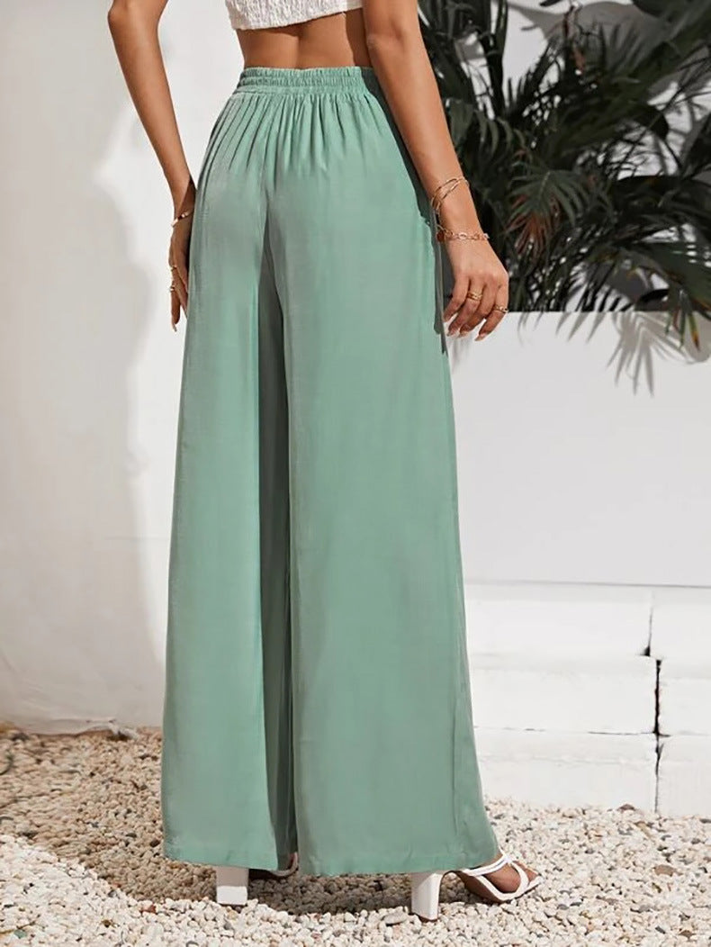 European And American Summer Pure Color Elastic Waist Lace-up Loose Wide-leg Pants