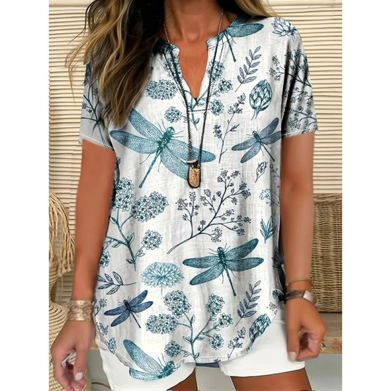 Printed Women's Spring And Summer Loose V-neck Short Sleeve Top 3D