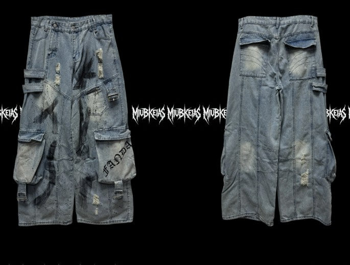 Multi-Pocket Graffiti Splatter Streetwear Ripped Wide-Leg Denim Jeans