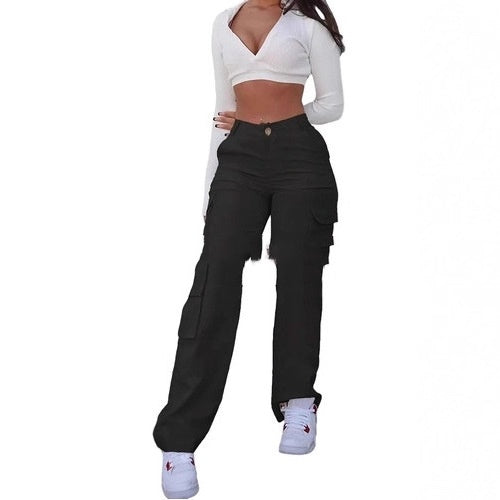 Retro Washed Multi-pocket Design Loose Casual Pants