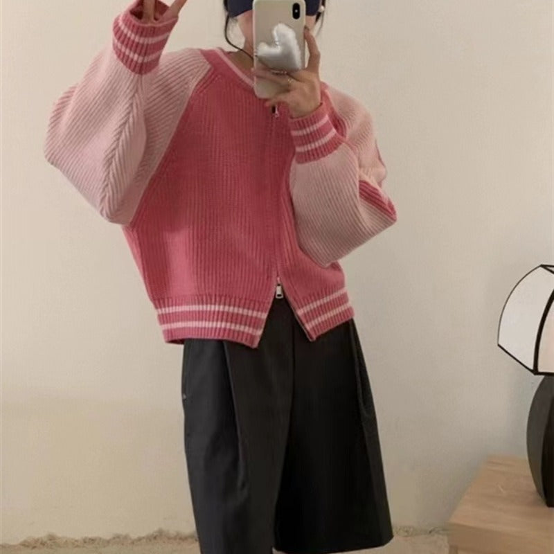Double Zipper Knitted Cardigan Coat Round Neck Loose And Lazy Style