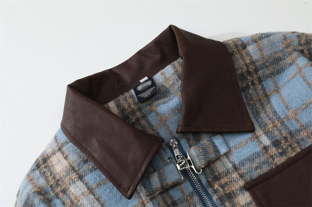 American Color-contrast Check Polo Collar Jacket Men's