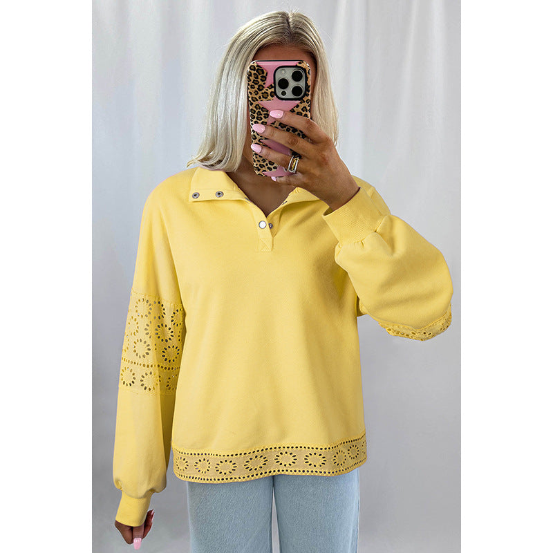 Ensfarvet Pullover Revers Langærmet Sweater Damemode Europæisk og Amerikansk