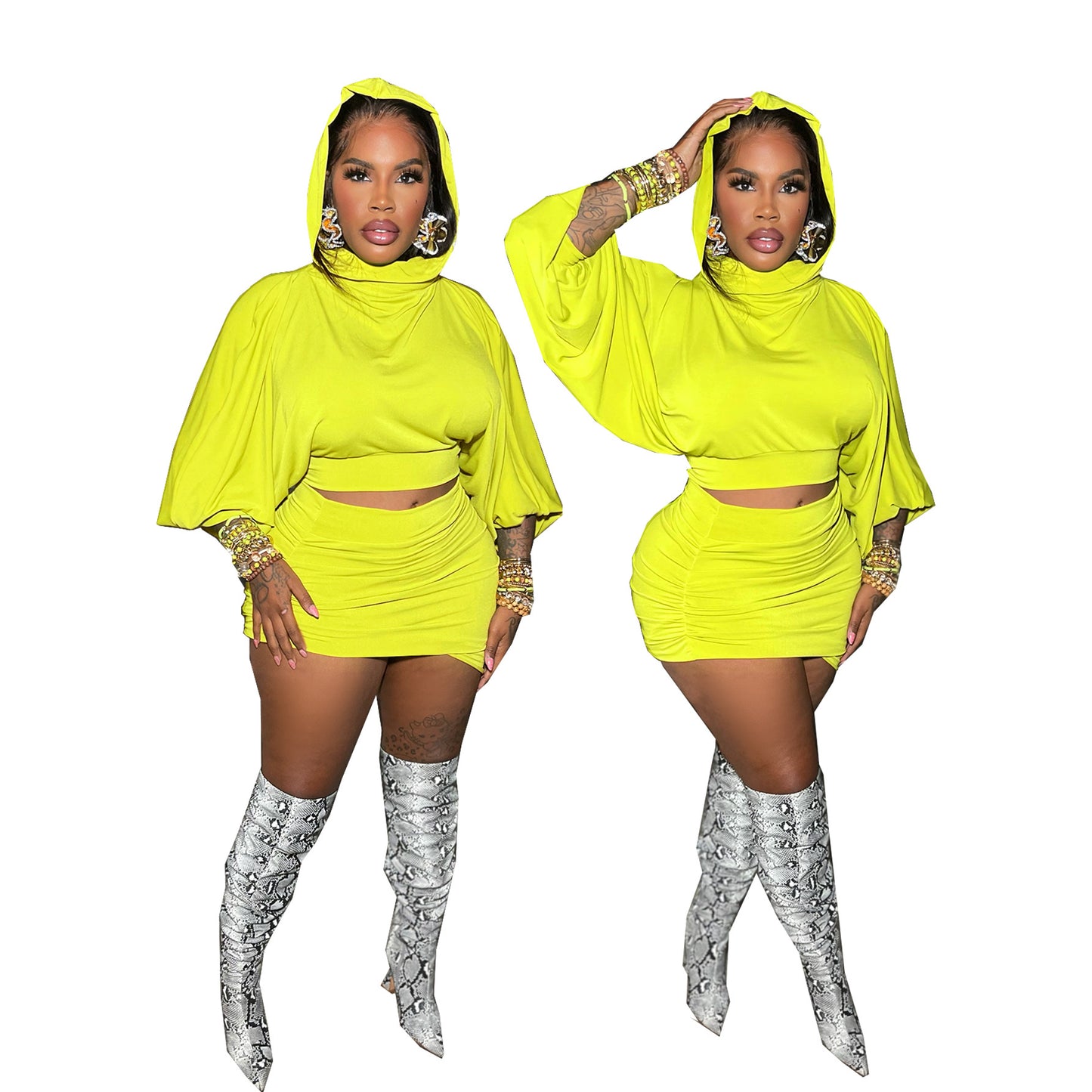 Hooded Bubble Sleeve Crop Top With Waist-cinching Pleated Wrap Skirt Two-piece Set