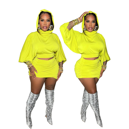 Hooded Bubble Sleeve Crop Top With Waist-cinching Pleated Wrap Skirt Two-piece Set