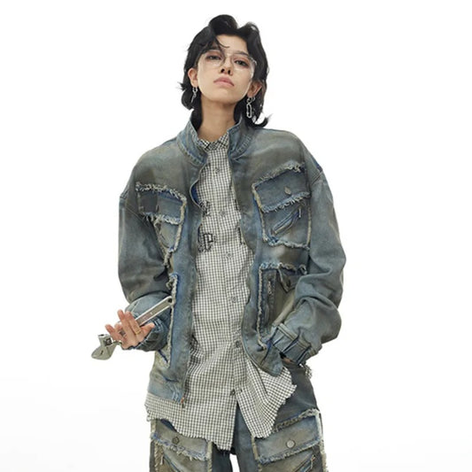 Multi-pocket Zipper Do The Old Cowboy Jacket Vintage Straight Jeans