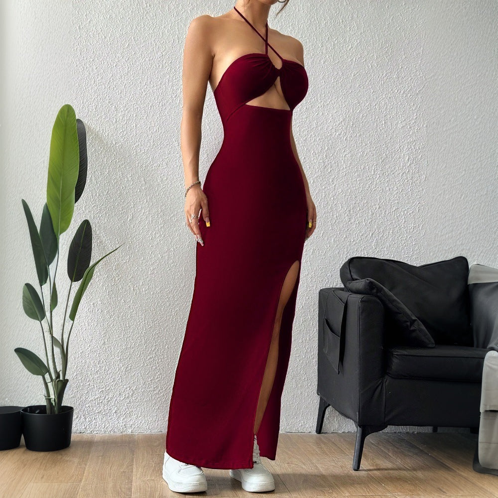 Womens Solid-Color Casual Halterneck Slim-Fit Dress