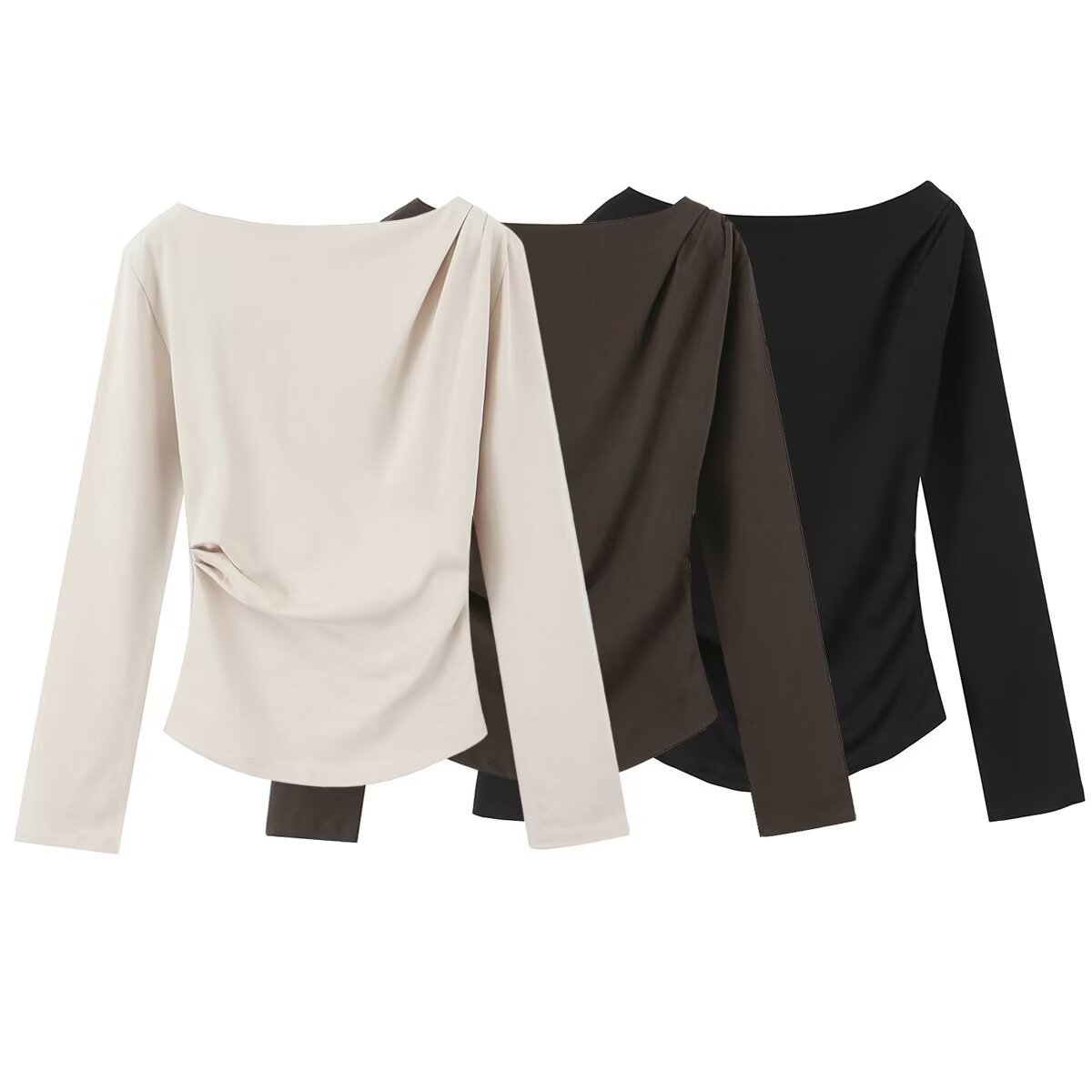 Spring New Simple And Versatile Long-sleeve Asymmetrical Elastic Top For Women With Pleats