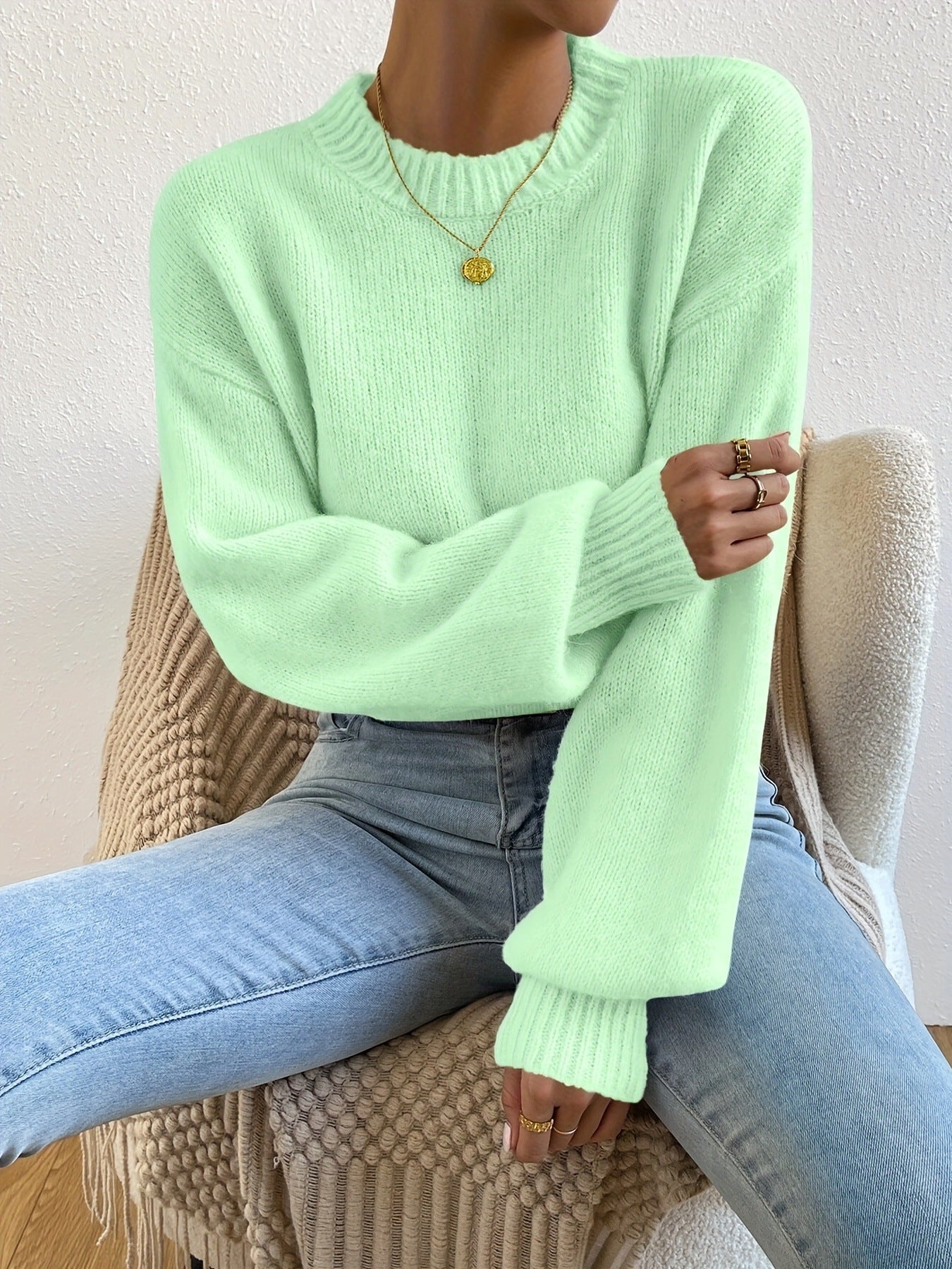 Round Neck Small Turtleneck Drop-shoulder Knitted Pullover