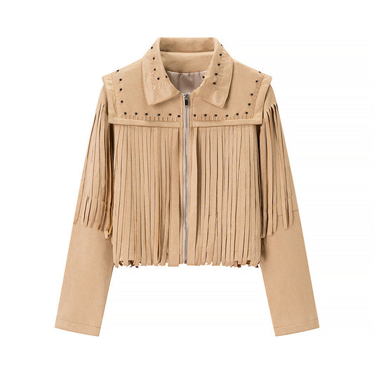 Retro Short Tassel Rivets Leather Jacket