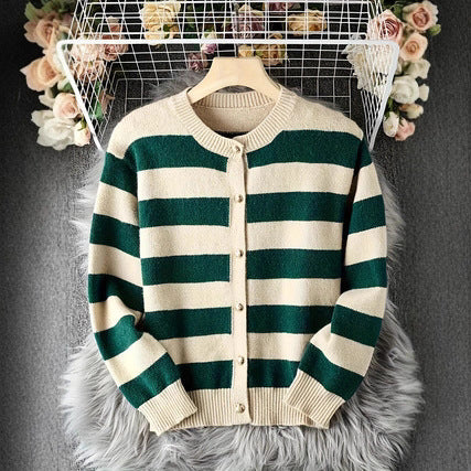 Dame Stribet Sort og Hvid Strikket Cardigan Løs og Behagelig Stil Høj Kvalitet Ydertøj Tyk Sweater