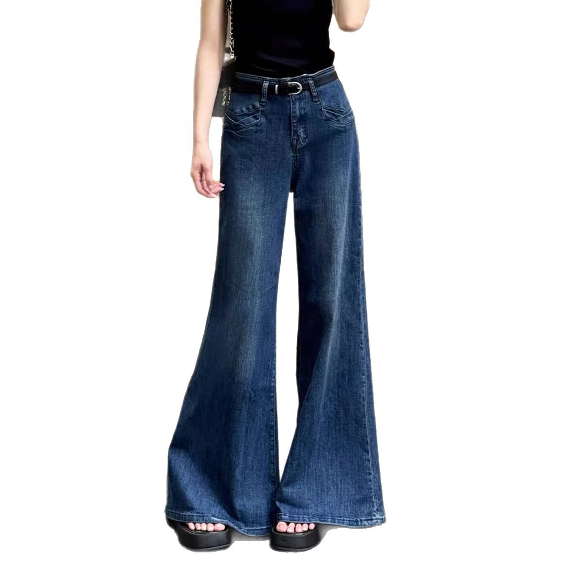 Retro Blue Wide-Leg Denim Jeans For Women, Autumn Supermarket Style