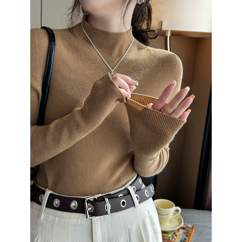 Inner High-grade Gray Mock Neck Sweater Mid-collar Knitted Top