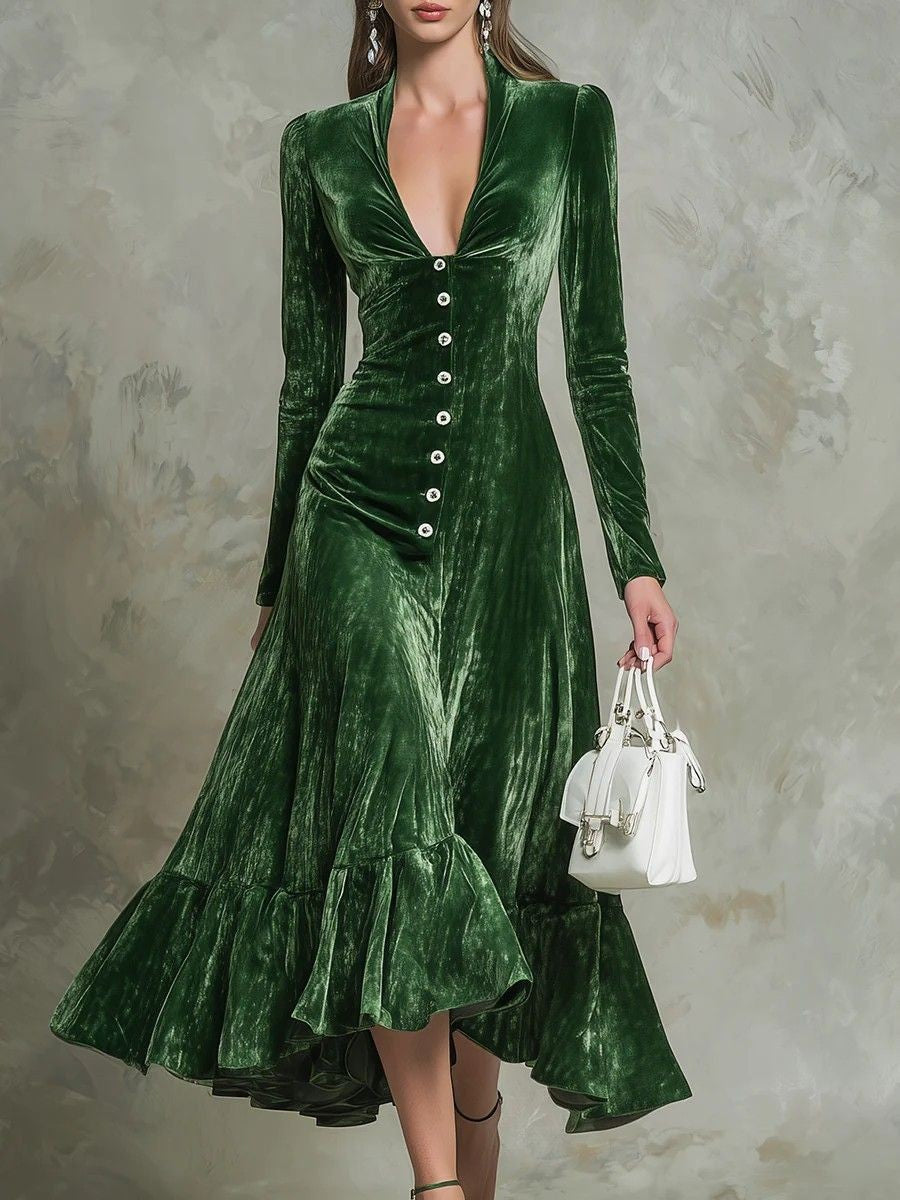 Solid-color Buttoned Lapel Long-sleeve Waist-cinching Dress