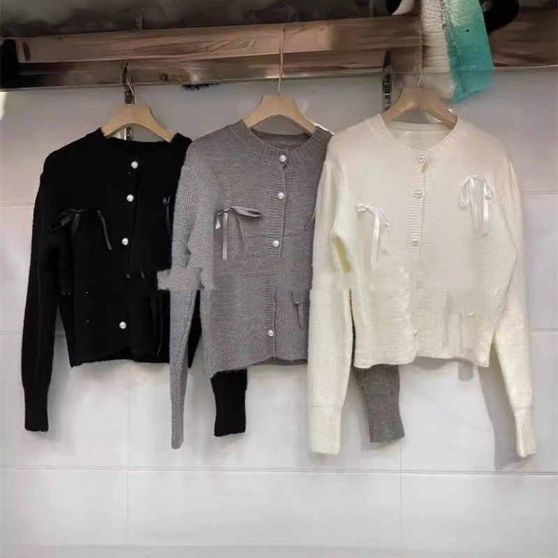 Ribbon Bow Bandage Fashionable Round Neck Coat Top