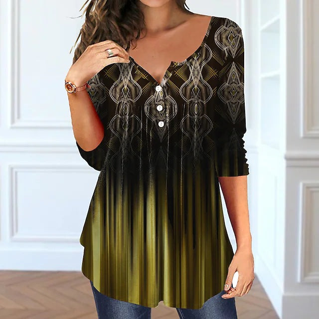 Beauty Summer Loose V-neck Pullover Short Sleeve Button Printed T-shirt