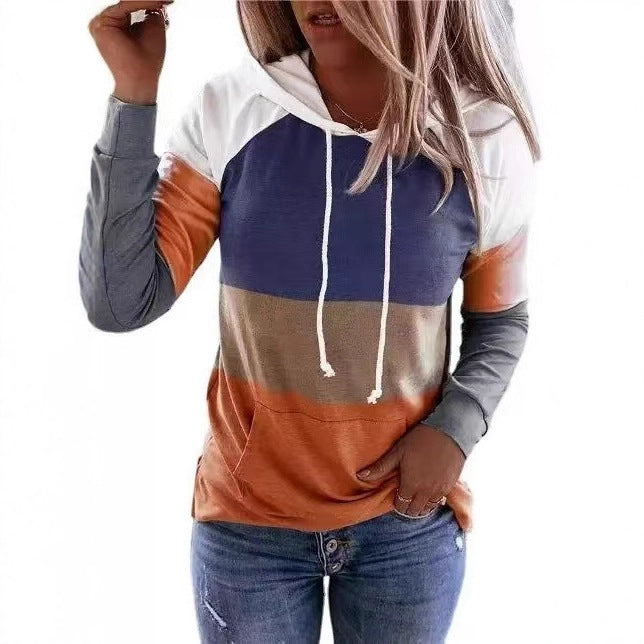 Fashion Casual Long Sleeve Loose Casual Color Block Hooded Sweatshirt