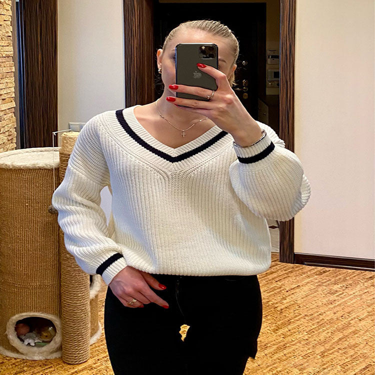 Casual Stitching Contrast Color Slim Loose Women's Sweater