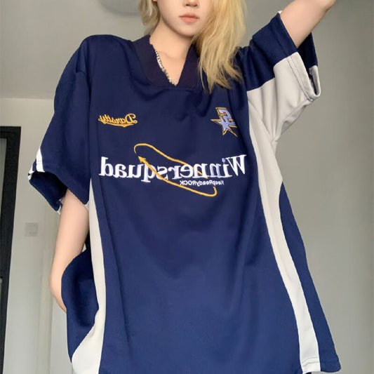 Color Contrast Patchwork V-neck Sports Short Sleeve