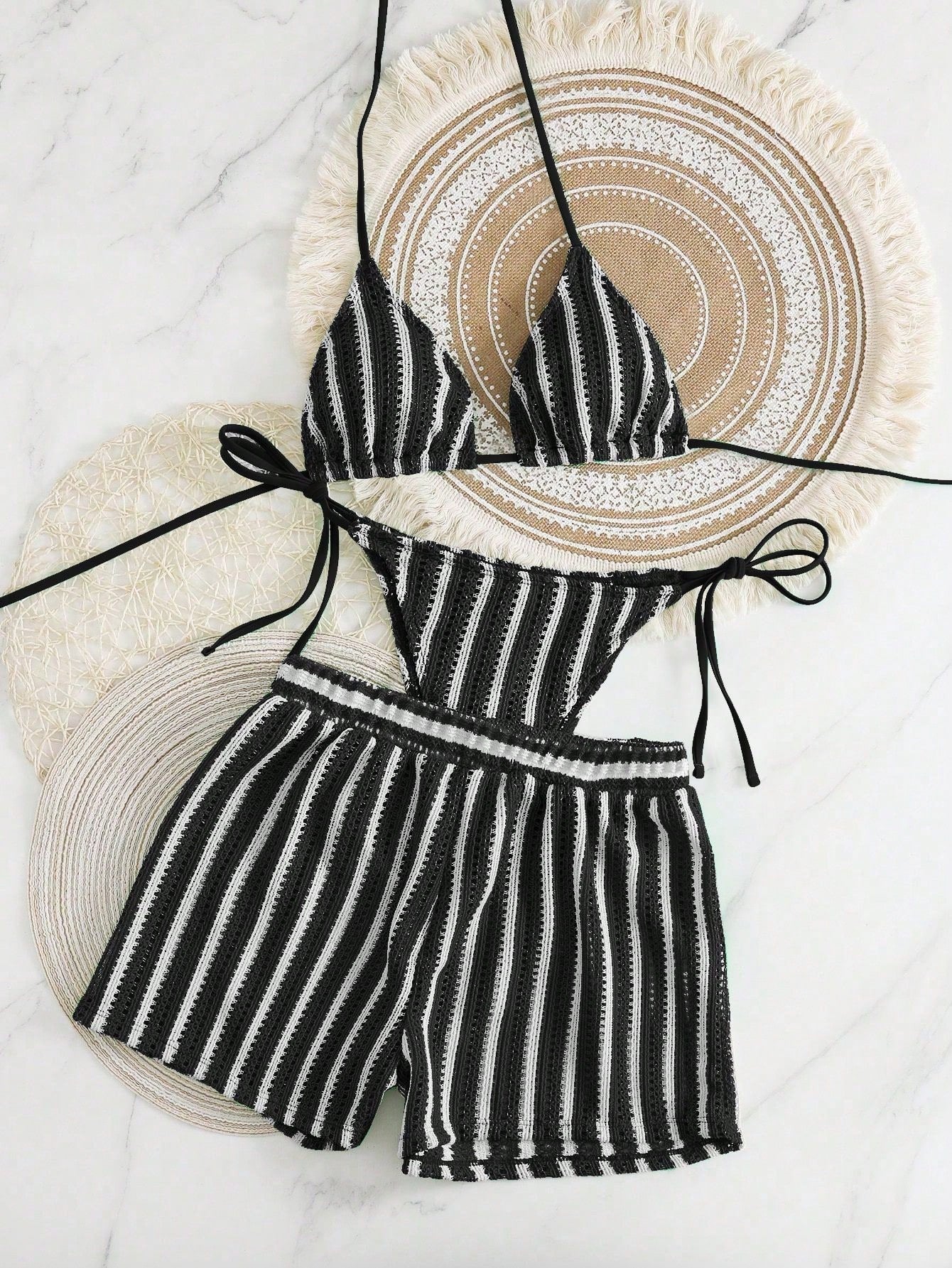 Womens Sexy Woven Bohemian Bikini Three-Piece Set
