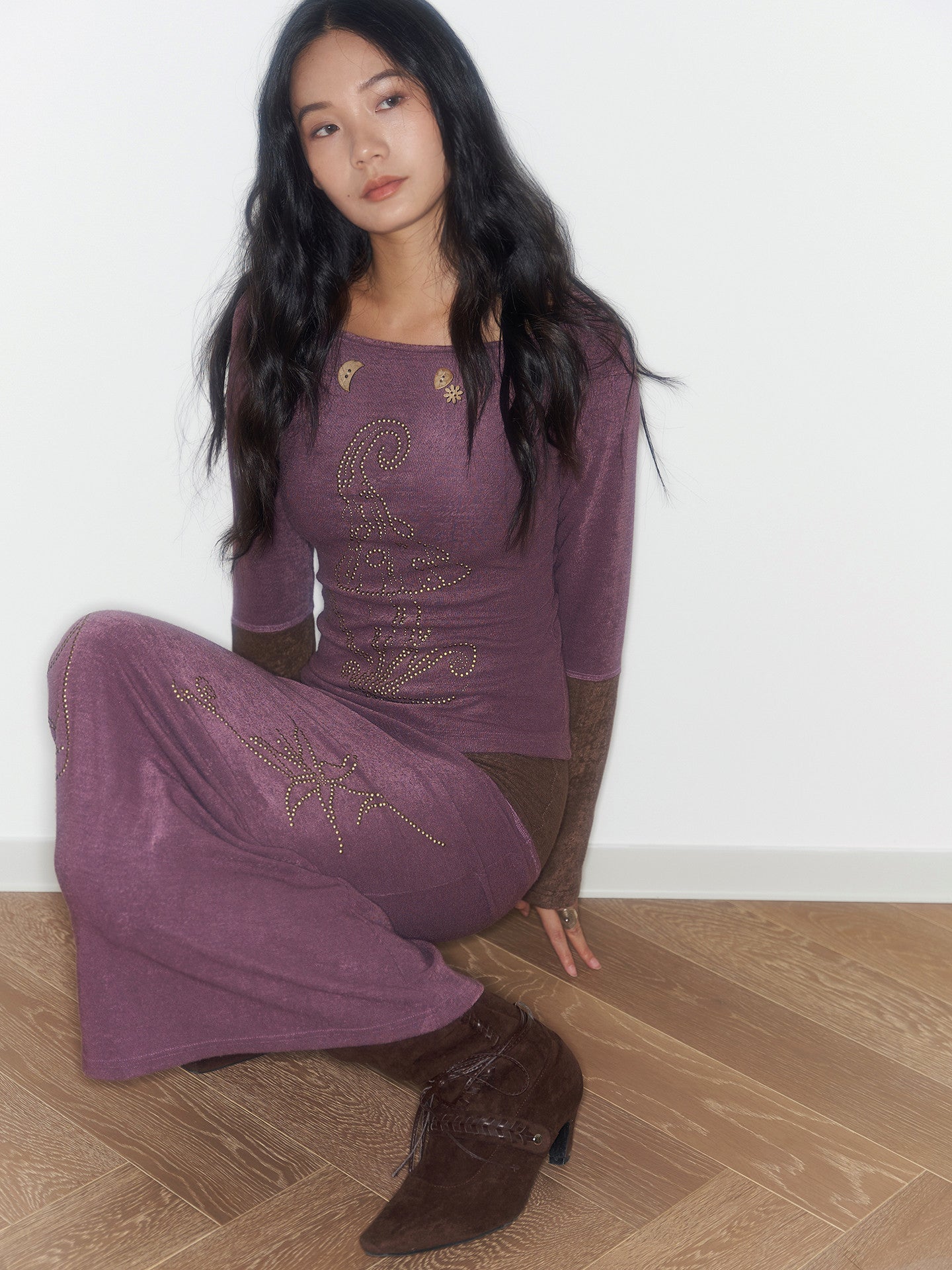Purple And Coffee-Colored Soft Cozy Towel-Weave Base-Layer Set Dress In A Botanical Style For FallWinter