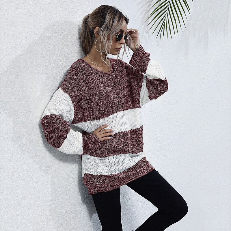 Striped Color Matching Knitted Inner Match Female Mid-length Sweater