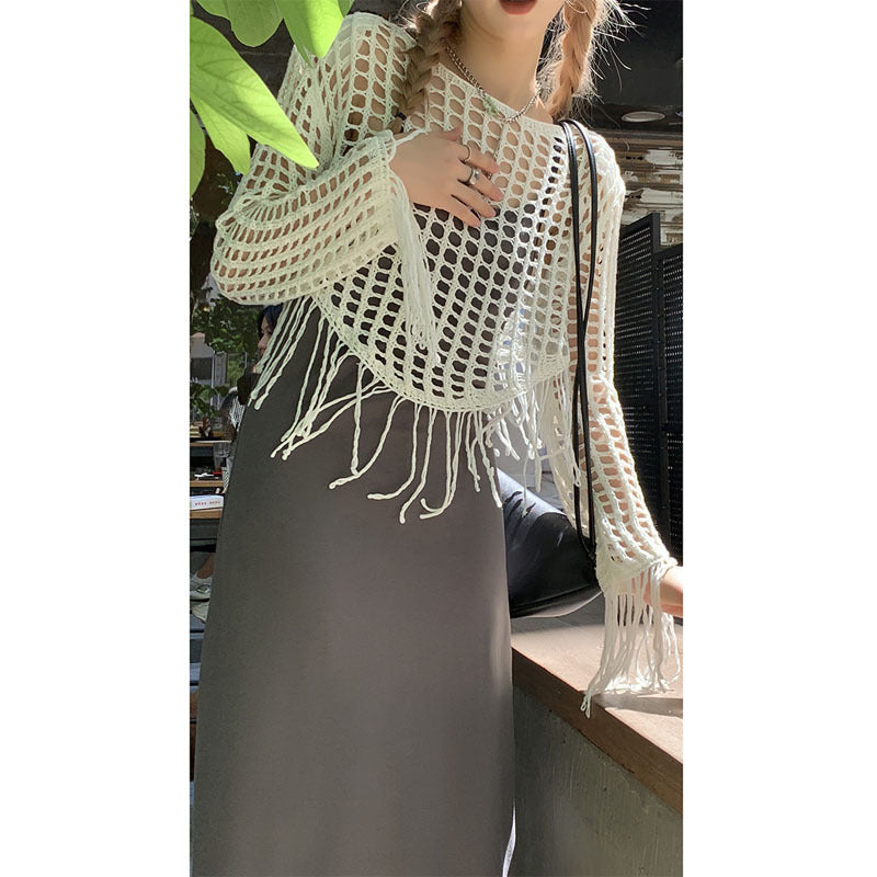White Cropped Blouse With Fringed Top