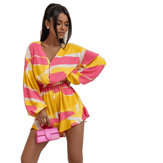 Printed V-neck Long Sleeve Jumpsuit