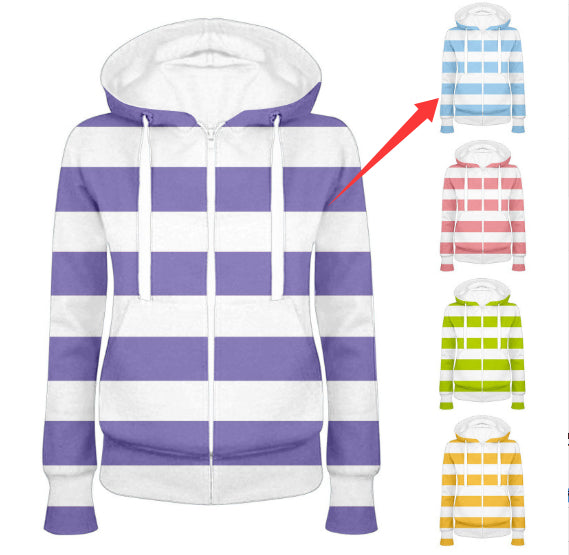 Loose Hooded Stripes Long-sleeve Zipper Sweatshirt Cardigan