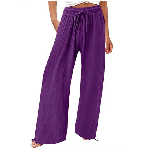 Women'S Cotton & Linen Solid Color Wide Leg Casual Pants With Pockets