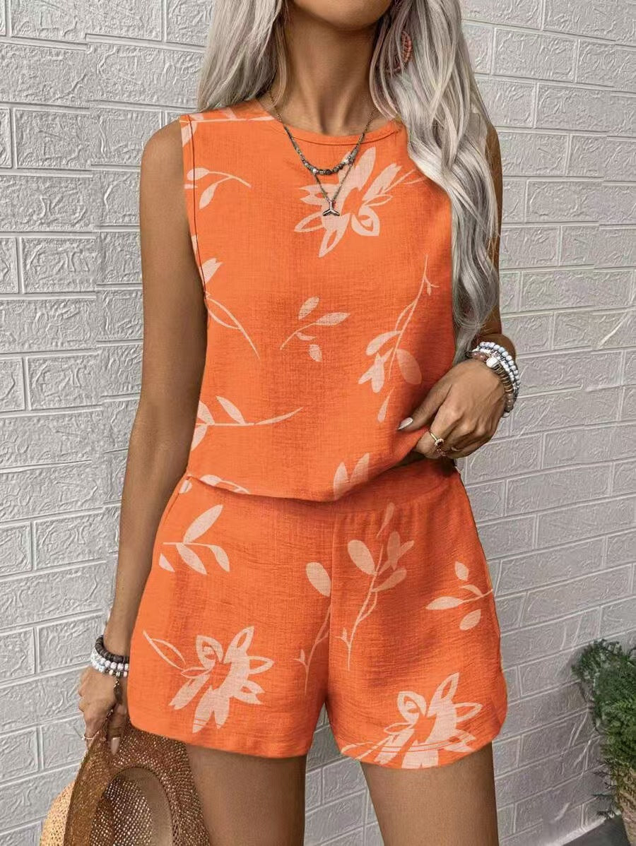 Womens Fashion Striped Printed Sleeveless Tank Top And Shorts Set