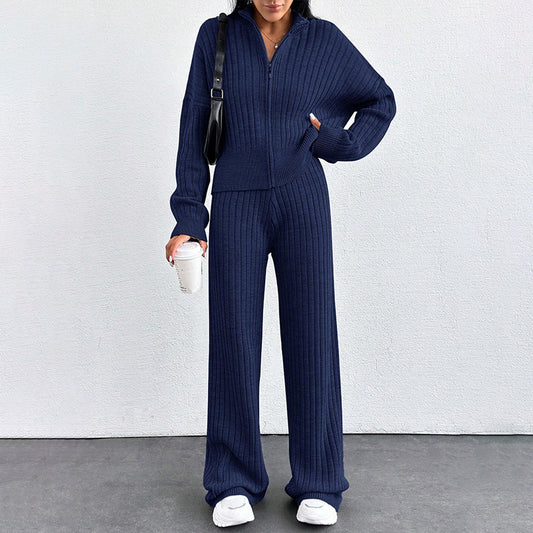 Autumn And Winter New European And American Women's Casual Loose Zip Top And Trousers Two-piece Set