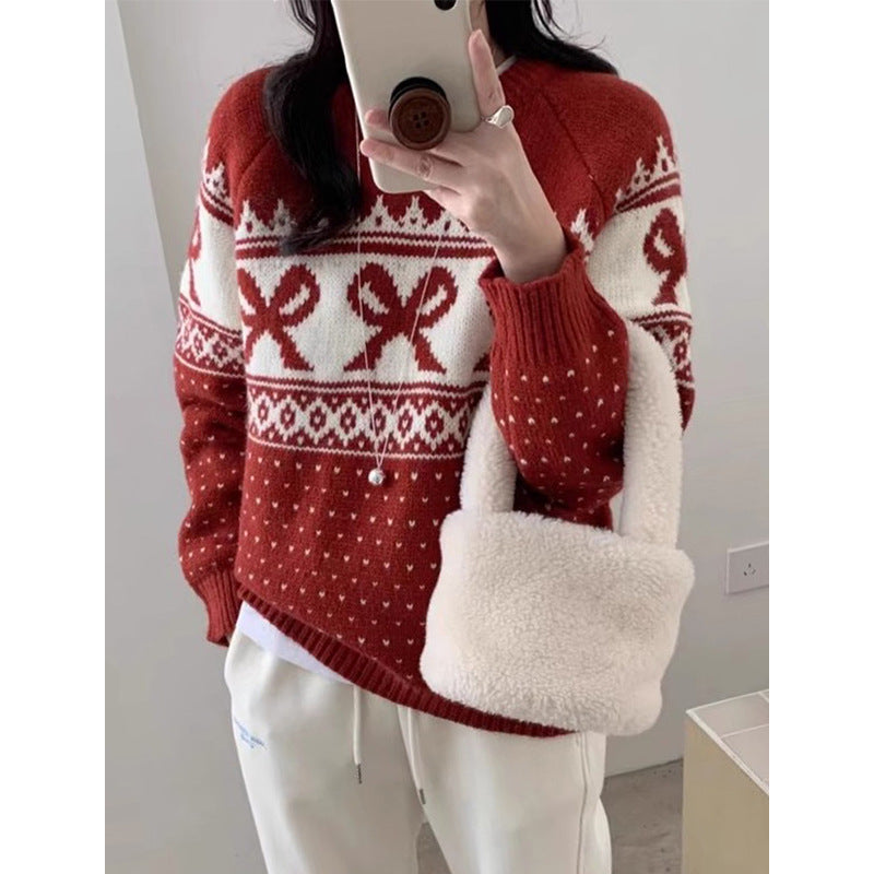 Women's Korean-style Vintage Jacquard Round Neck Sweater With Bow
