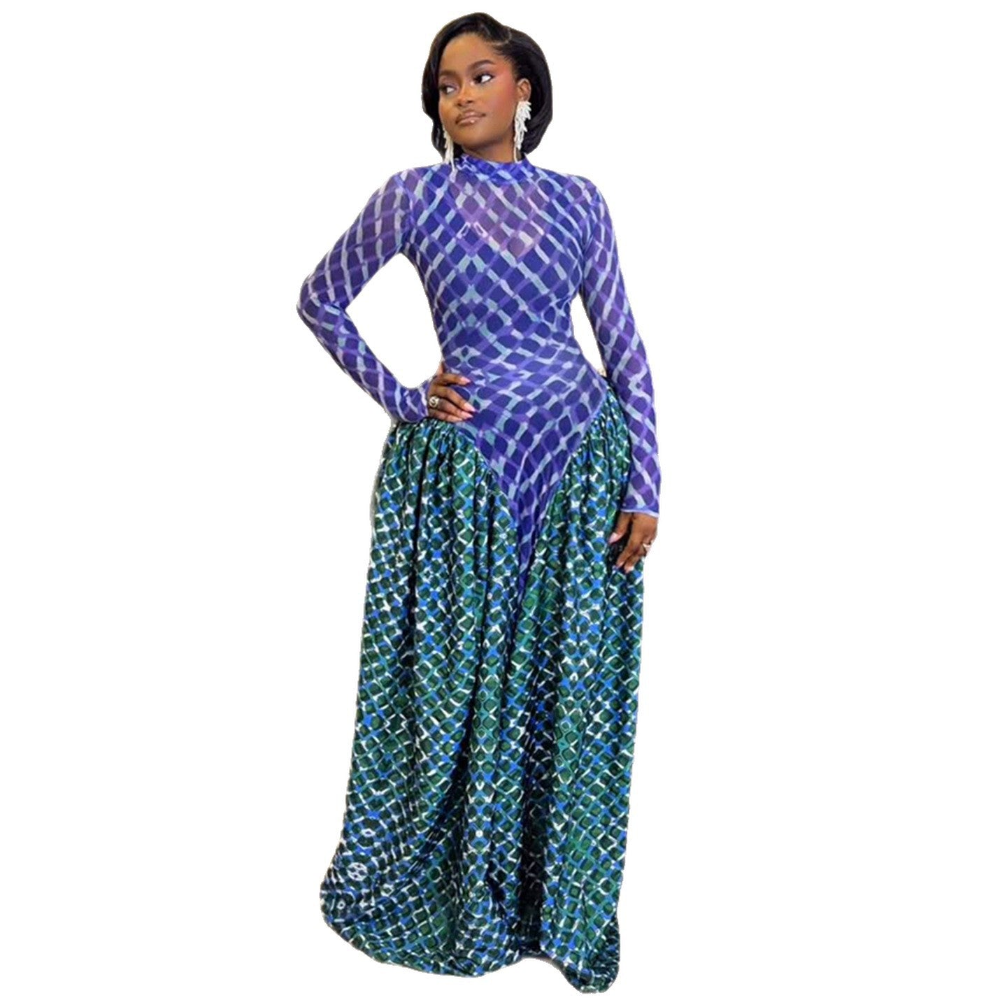 Color-blocked High-neck Figure-flattering Waist-cinching Maxi Dresselegant And Comfortable