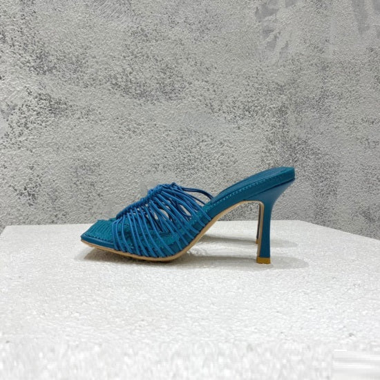 Square-toe High-heel Sandals In Woven Mesh And Leather
