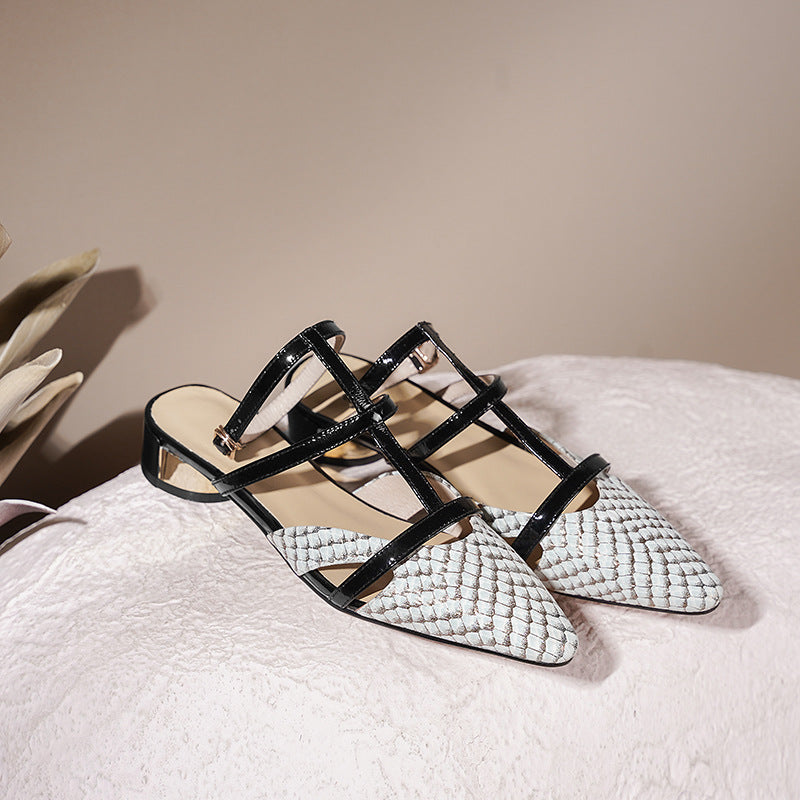 Patent Leather Low Heel Sandals Summer Chunky Toe Buckle Strap