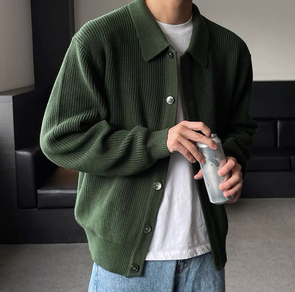 Men's Sweater Coat Solid Color Loose Handsome Lazy Style Knitted Cardigan Casual Neutral Style