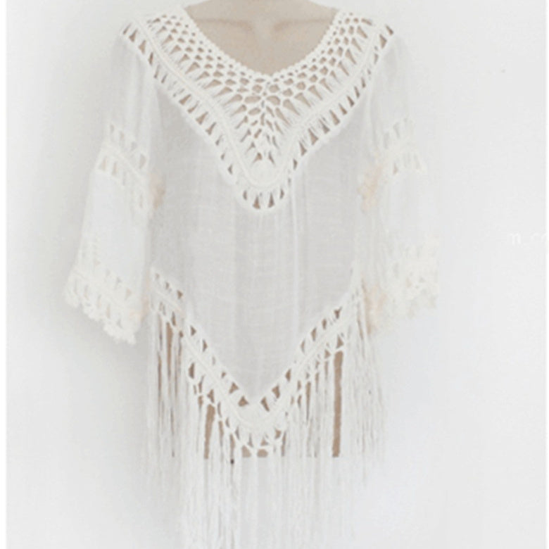 Half Sleeve Hand Crocheting Patchwork Knitting Tassel Overskirt Beach Cover-up