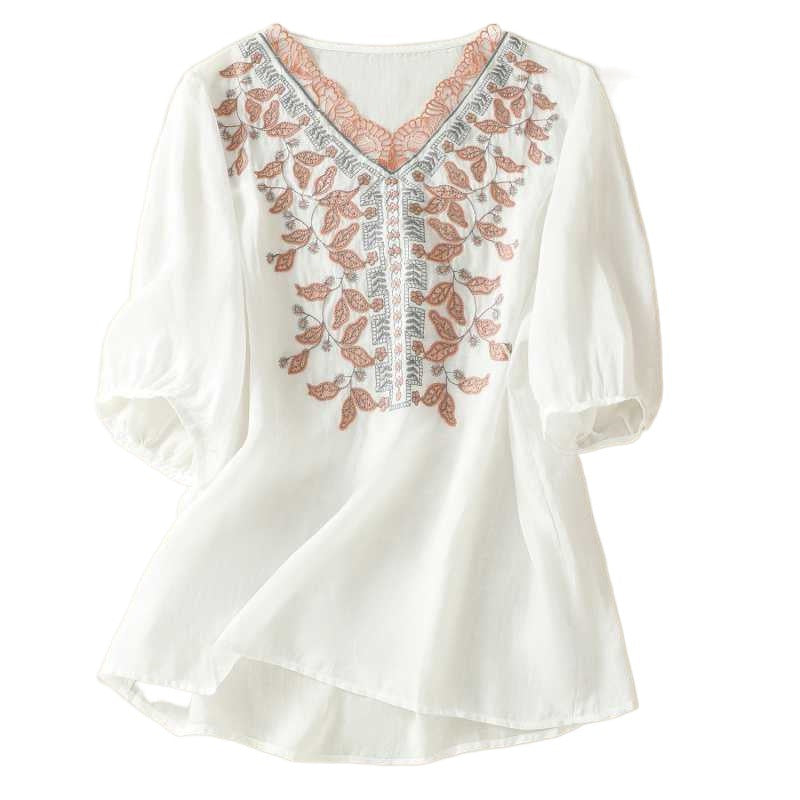 Vintage Embroidered V-Neck Blouse With Three-Quarter Sleeves For Women